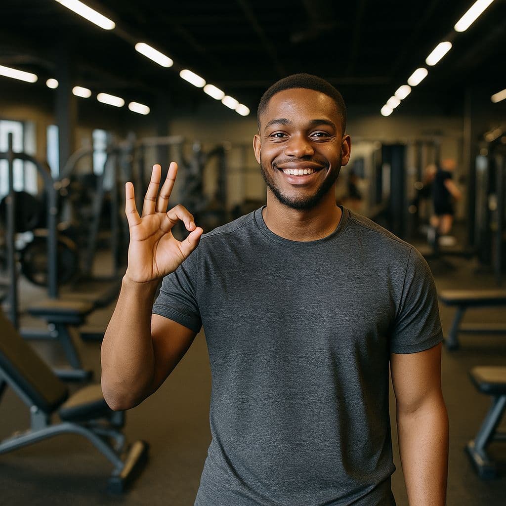 Homme avec le signe ok à la salle de sport